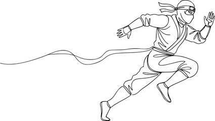 A minimalist line drawing depicts a ninja in mid-stride, running dynamically