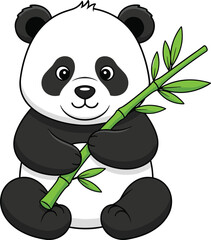 Obraz premium Cute panda cartoon illustration, bamboo eating artwork design, wildlife animal graphic, children friendly symbol drawing, conservation character artwork, black white green