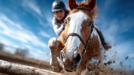 A dynamic photograph captures a horse enthusiastically jumping over a barrier with a rider, emphasizing the synergy between the horse and rider in an exhilarating outdoor setting.
