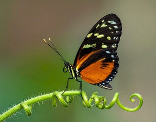 Fototapeta premium Side view of an orange and black patterned butterfly perched on a vibrant green, spiraling tendril