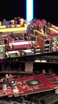 Vertical View of Old Computer Motherboards and Parts, Electronic Waste Close Up