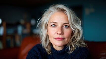 Fototapeta premium A close-up portrait of a mature woman showcasing her natural beauty, with soft features and thoughtful expression, reflecting wisdom and grace in her life journey.