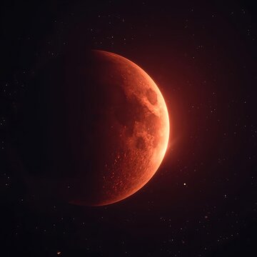 The mysterious red planet mars in the dark space with stars around it.
