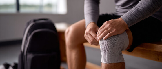 Fototapeta premium Close-up of a man sitting on a bench wearing a knee brace in a gym or sports facility with a backpack in the background