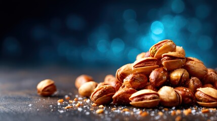 Fototapeta premium A visually appealing pile of roasted pistachios on a dark surface, showcasing their texture and color, ideal for representing snacks, health, and culinary delights.