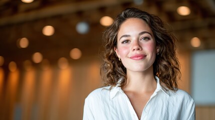Obraz premium A smiling woman in a casual white shirt stands confidently, embodying approachability and positivity, set against a warm, inviting backdrop of soft lighting and natural wood.