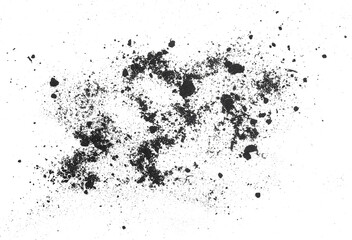 Scattered pile of black soil isolated on a white background, top view. Dirt, humus.