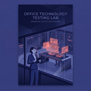Office Technology Testing Lab Illustration With Server Room Analytics and Digital Workplace Monitoring