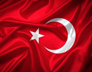 A waving national Turkish flag with a red banner featuring a white star and crescent symbol ripples in the wind as a patriotic 3d icon of the country's state identity between Europe and Asia