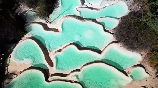 Drone view of Shenxianchi Scenic Area in Sichuan, China, near Jiuzhaigou and Huanglong, peaceful and clean water in pond among mountains, 4k real time footage travel concept.