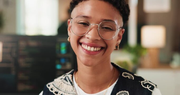 Face, code and smile with business woman in office, programmer and software development. Portrait, happy professional and game developer in workplace with glasses, about us and confident engineer