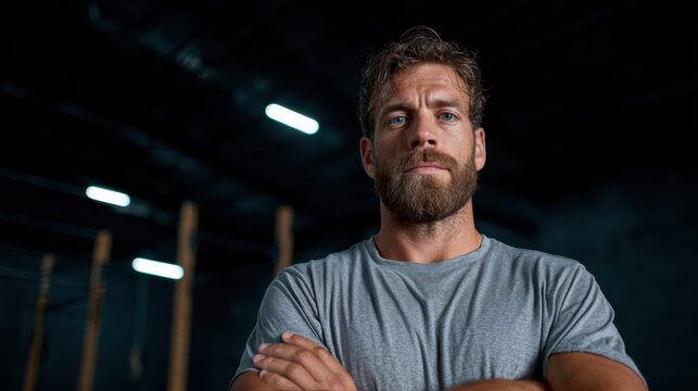 A powerful man with a strong physique stands confidently, arms crossed, radiating strength and determination in a gym-like environment.