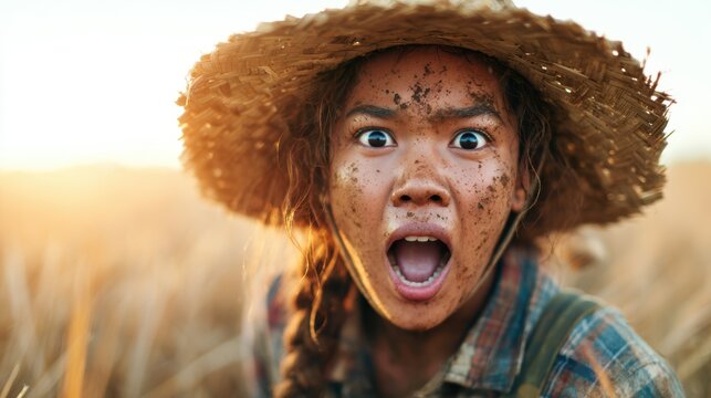A farmer, heavily soiled with mud, expresses shock in a golden field at sunset, showcasing the stark realities of agricultural life, hard work, and emotional intensity.