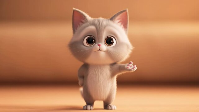 Adorable animated kitten reaching out with its paw on a soft brown background perfect for cute video elements