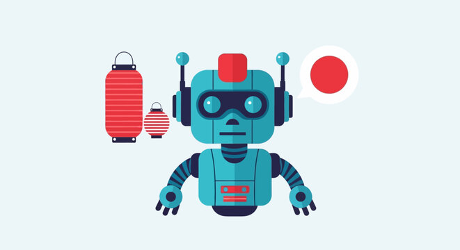 Robot with Japanese Lanterns and Flag Symbol