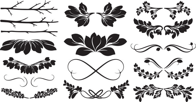 Collection of black floral and leafy design elements set