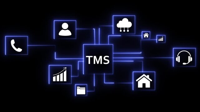 T M S cloud network connecting business icons handshake phone call growth chart human resources cybersecurity on a black background 4k animation video