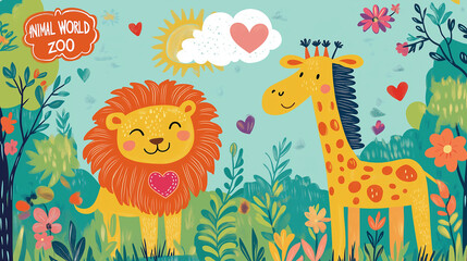 Obraz premium A happy cartoon lion and giraffe stand together in a colorful floral garden with hearts floating in the sky