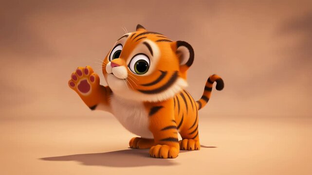 Animated adorable tiger cub waving paw on soft beige background in studio perfect for childrens content and cute animal animations
