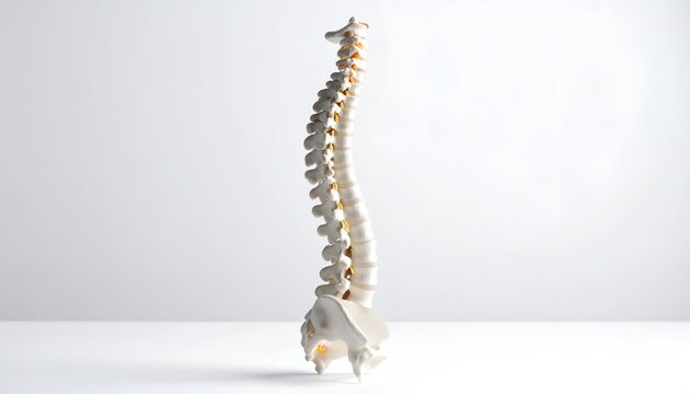 3D render of human spine, white and gold against a clean background