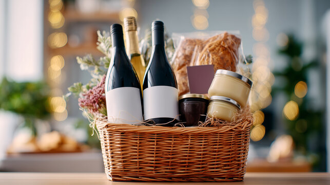 Gift basket mockup filled with wine bottles, bread, jars, flowers, bokeh lights. Luxury holiday hamper, gourmet food selection, festive gift set, premium products, seasonal celebration present.