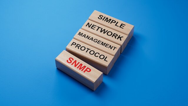 Closeup wood cubes into the row to complete the word snmp, SIMPLE NETWORK MANAGEMENT PROTOCOL.3D rendering