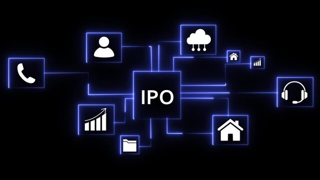 IPO cloud network concept with handshake graph phone head gears people and hacker icons glowing blue neon on on a black background high quality 4k animation video
