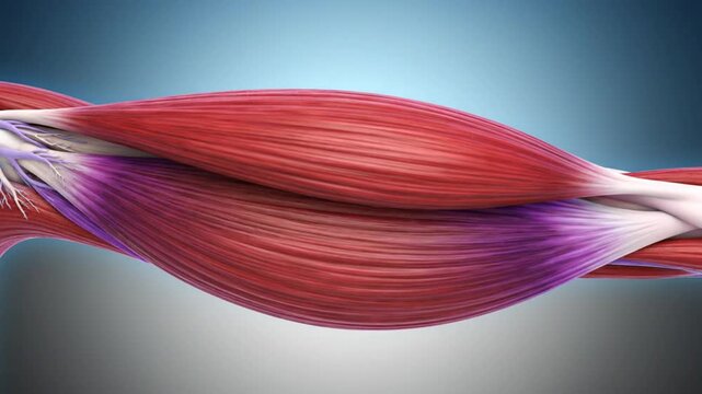 Detailed medical 3D animation of human muscle fiber anatomy with visible texture and realistic color gradient and background