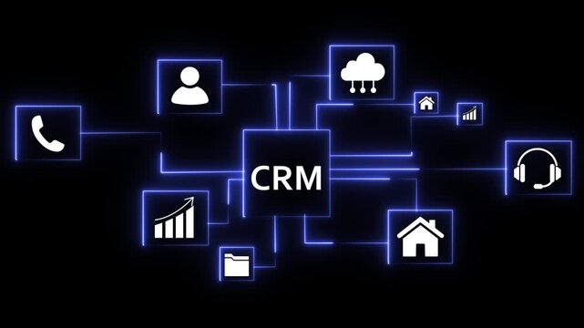 Cloud C R M system connecting business icons handshake phone graph growth gears human resources and cybersecurity for digital, on a black background high quality 4k animation video