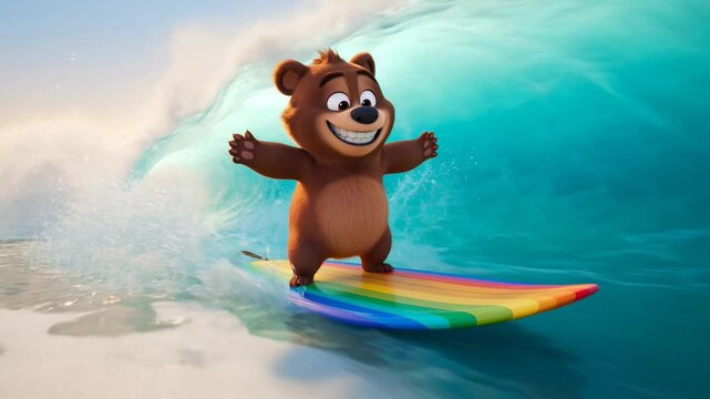 Animated bear riding a rainbow surfboard in a wave cartoon style ocean adventure