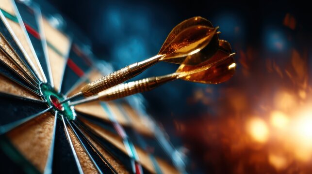 A close-up view of precision darts lodged into a dartboard, symbolizing competition and focus, with a dramatic blurred background enhancing the intensity of the moment.