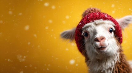 Fototapeta premium A charming llama with big, expressive eyes sporting a cozy red knitted hat, exuding a warm and playful vibe that captures the essence of fun and joy in wintertime.