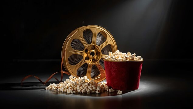 Golden Film Reel and Popcorn Under Spotlight