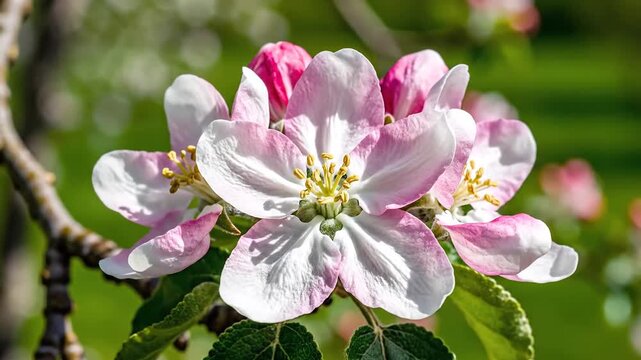 Closeup of delicate pink and white apple blossoms opening on a tree branch in soft sunlight with a blurred green background.