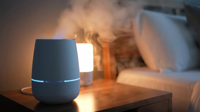 In a tranquil bedroom setting, a sleek essential oil diffuser emits a soothing mist, creating a peaceful atmosphere. Soft light illuminates the room, inviting relaxation and harmony.