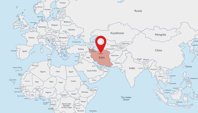 Iran location on the world map with pin location marker. Vector flat template.