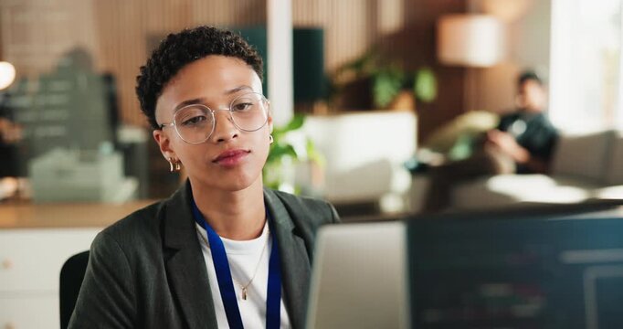 Business, woman and computer for programming in office with research, software manual and coding. Female person, reading and troubleshooting server with pc, website maintenance and debugging system