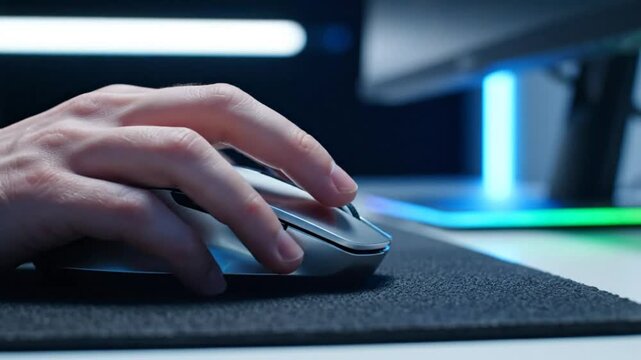 Close up view of a person using a silver computer mouse on a dark gray mousepad