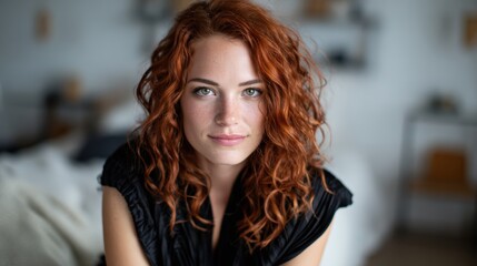 This striking close-up portrait features a woman with luminous red curls and captivating green eyes, embodying confidence and alluring beauty in a cozy setting.