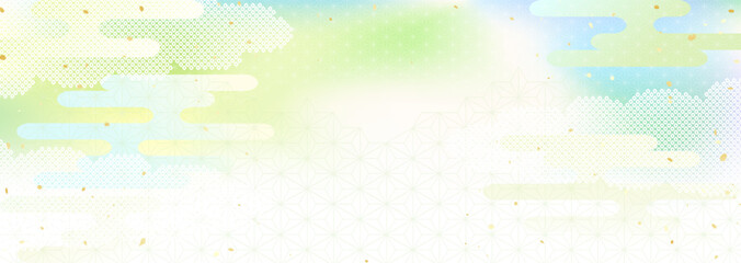 新緑風グラデーションと日本の伝統的な模様を組み合わせた和風背景イラスト