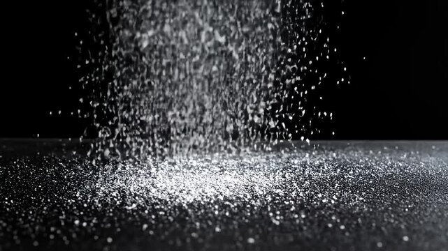 White powder being scattered and falling onto a flat, black surface in stark contrast
