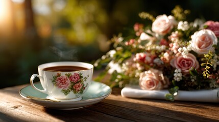 Fototapeta premium A delicate tea cup accompanied by blooming flowers, beautifully lit by the morning sun, embodying warmth, peace, and the simple pleasures of life.