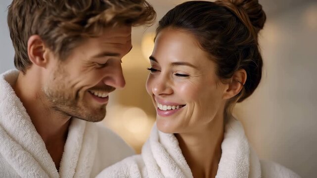 Smiling couple in bathrobes enjoying a moment together indoors  