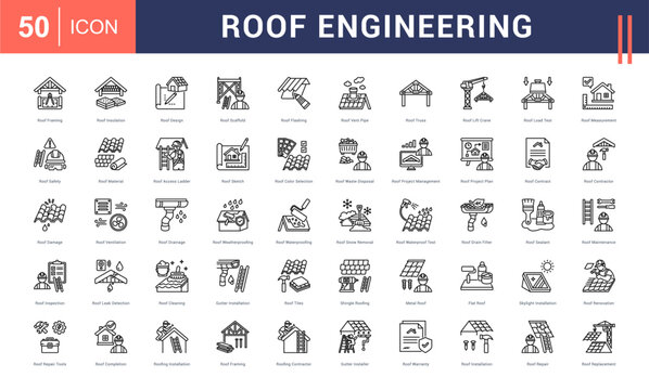 Roof Engineering Icon Set. Roof Framing, Roof Insulation, Roof Design, Roof Scaffold, Roof Flashing and more. Outline vector icons collection.