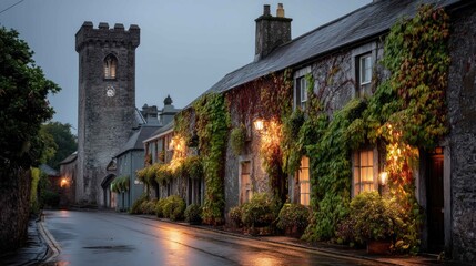 Charming Village Street with Historic Buildings and Ivy on Facades