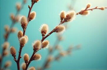 A detailed close-up of soft, fluffy willow catkins against a serene blue background, showcasing the beauty of nature.