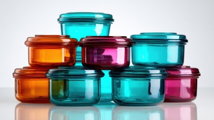 A vibrant arrangement of colorful glass jars stacked creatively against a clean background, showcasing artistic design and an eclectic mix of colors, enhancing any decor.