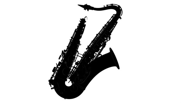 Silhouette of a curved woodwind instrument with keys, bell, neck and mouthpiece on white