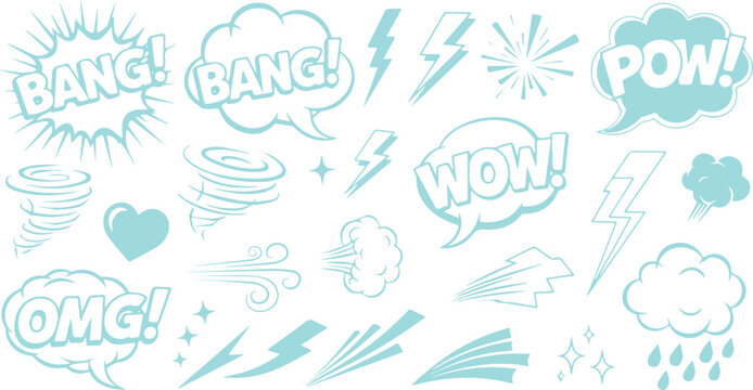 Comic Book Style Elements: Blue Cartoon Sound Effects, Action Words, Weather and Tornados