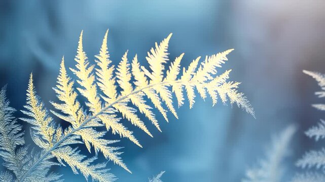 Delicate frosted fern leaves with intricate patterns are captured in soft morning light, creating a serene winter atmosphere. Nature&rsquo;s elegance is highlighted by a cool blue background